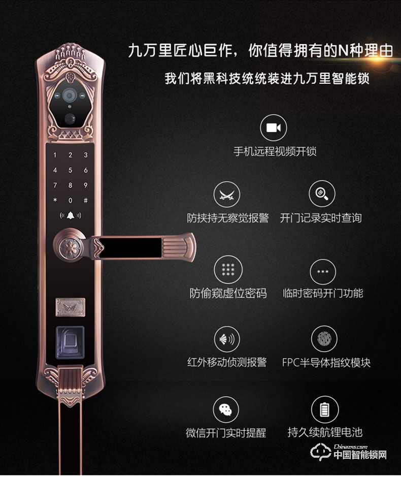九萬里智能鎖C900 歐式古典別墅大門鎖指紋密碼鎖